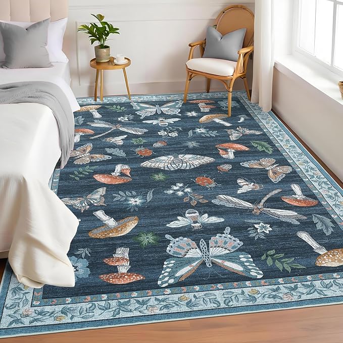 Washable Rug 5x7 Area Rugs for Living Room, Mushroom Insect Rug for Bedroom, 5x7 Rug Non Slip Throw Rugs with Rubber Back, Low Pile Stain Resistant Modern Carpet for Dining Room Dorm,Blue