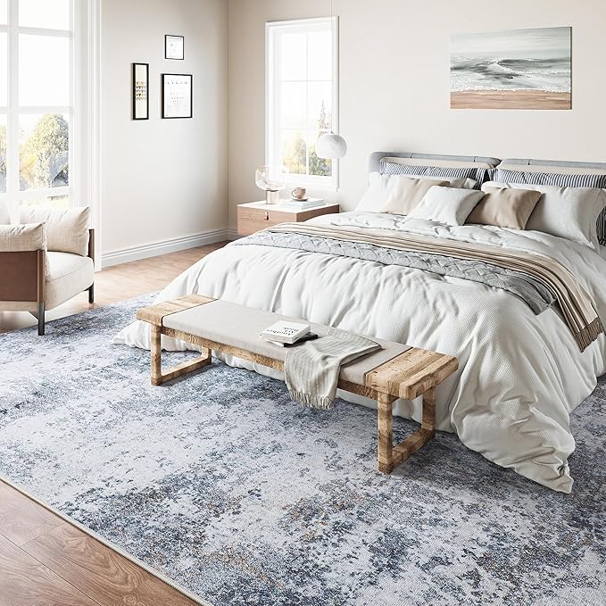 5x7 Washable Rugs Grey Blue Hallway Area Rug Indoor Accent Rug Abstract Non Slip Low Pile Carpet Distressed Throw Aesthetic Rug for Bedroom Living Room Office Dining Room Kitchen Laundry Room