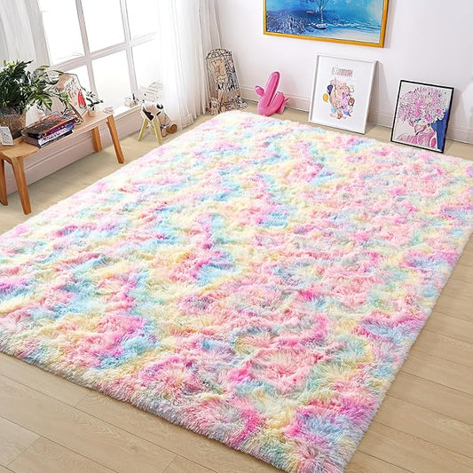 Tepook Soft Rainbow Rug for Girls Room, Cute Fluffy Bedroom Rug, 5x8 Feet Shaggy Princess Colorful Carpet for Kids Teens Toddler Playroom Nursery Reading Nook, Pink