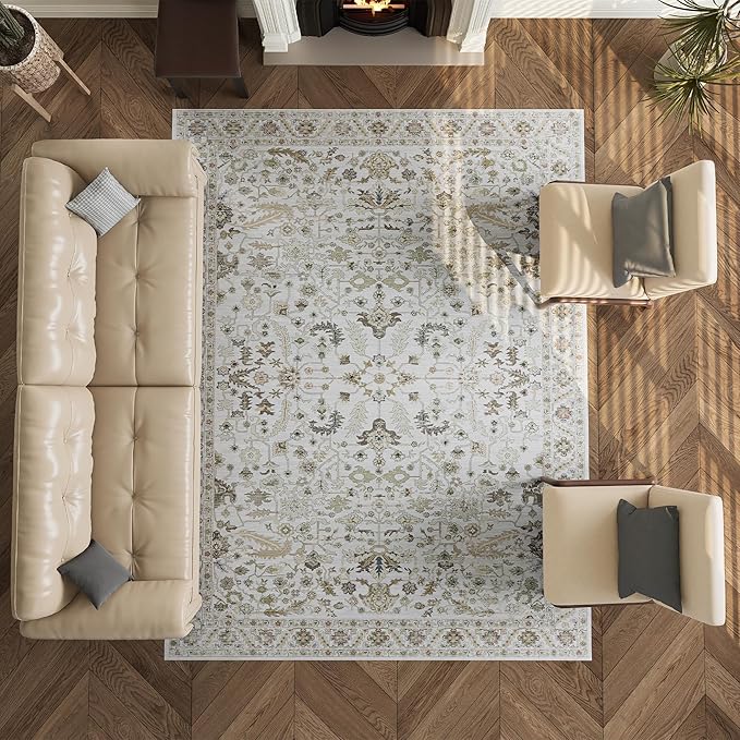 5x7 Rug, Washable Neutral Boho Modern Vintage Non Slip Floral Area Carpet, Low Pile Soft Rugs, Slip Resistance, Pet-Friendly, Durable Rug for Living Room, Bedroom, Kitchen, Dining Room
