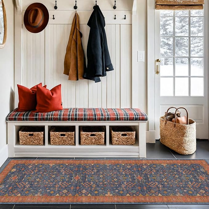 Navy Blue Runner Rug 2x6 for Kitchen, Hallway, Mudroom, Laundry Room, Bathroom, Washable Non Slip Non Skid Rubber Backing Low Pile Stain Resistance