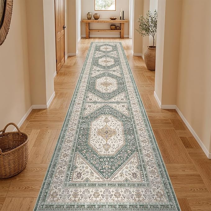 3x14 Runner Rug for Hallway Washable: Non Slip Kitchen Rugs with Rubber Backing Soft Waterproof Mats Stain Resistant Indoor Vintage Carpet Runner for Bedroom Bathroom Laundry Entryway Green/Beige