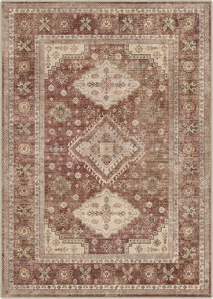 Area Rugs for Living Room 9x12 Machine Washable Rug, Vintage Large Floral Medallion Carpet for Bedroom Dining Room, Low Pile Lightweight Thin Chenille Non Slip Rug, Distressed Dull Red