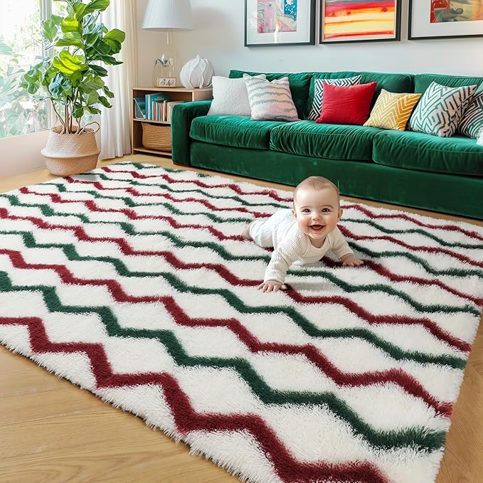 RUGTUDER Ultra Soft 5x8 Rugs Fluffy for Living Room, Washable Fuzzy Furry Rug for Bedroom, Non Slip Shaggy Striped Chevron Carpets for Girls Boys Room Teens Dorm Playroom Office, Cream Red Green