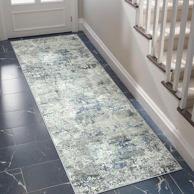 2x6 Runner Rug for Hallways Blue Grey Non Slip Washable Neutral Modern Abstract Indoor Rug Thin Soft Throw Low Pile Kitchen Carpet for Bedside, Bedroom, Bathroom, Entryway