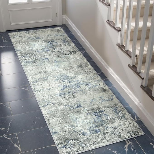 2x6 Runner Rug for Hallways Blue Grey Non Slip Washable Neutral Modern Abstract Indoor Rug Thin Soft Throw Low Pile Kitchen Carpet for Bedside, Bedroom, Bathroom, Entryway