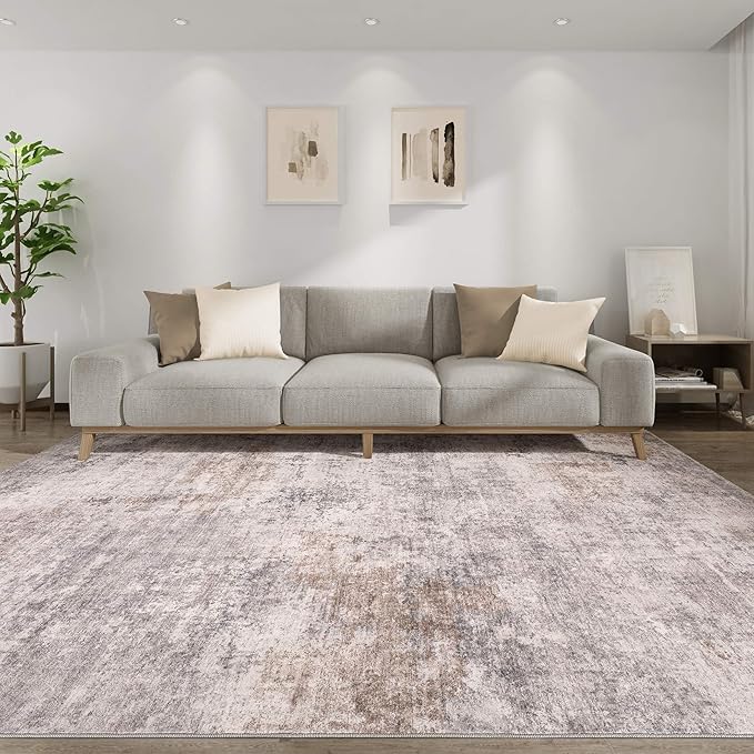 Washable Rug 10x12 Area Rugs for Living Room: Modern Abstract Neutral Soft Rug for Bedroom Dining Room Under Kitchen Table Home Office Decor - Brown Grey