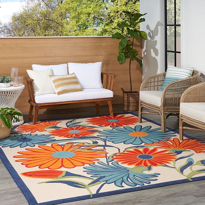 Nourison Aloha Indoor/Outdoor Multicolor 7' x 10' Area Rug, Easy Cleaning, Non Shedding, Bed Room, Living Room, Dining Room, Kitchen (7x10)