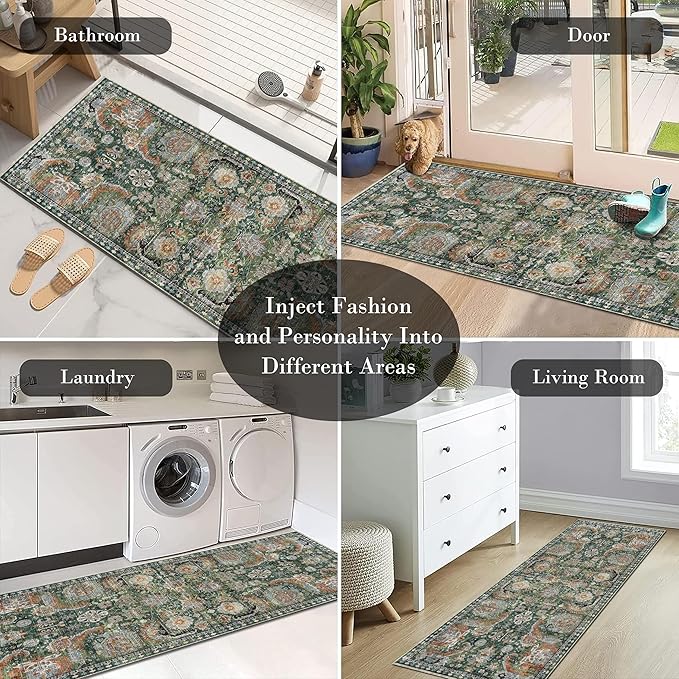 Washable Area Rugs - Perfect for Living Room, Bedroom, Kids Room, Nursery - Stain & Water Resistant Non-Slip, Pet & Child Friendly, Vintage Tribal Area Rugs (Green, 2'6'' x 8')
