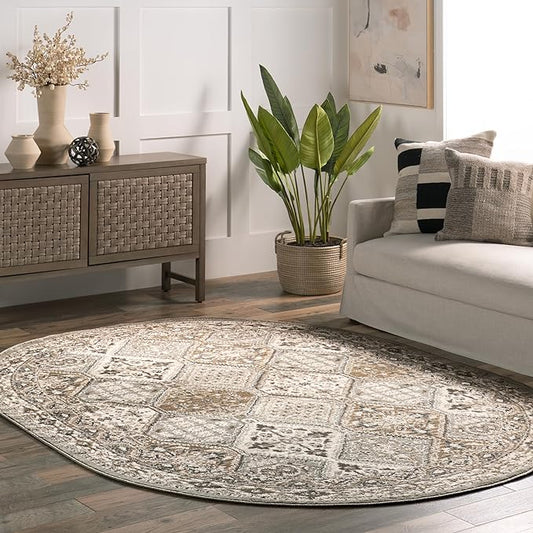 nuLOOM Oval 4x6 Becca Traditional Tiled Area Rug, Taupe, Faded Transitional Design, Stain Resistant, For Bedroom, Dining Room, Living Room, Hallway, Office, Kitchen, Entryway