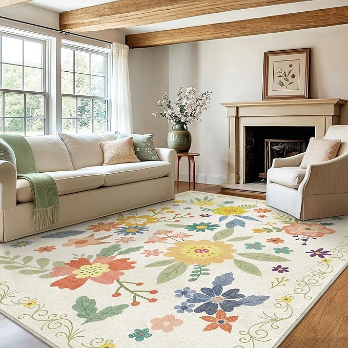 Bavni 4x6 Rugs for Living Room, Lightweight Machine Washable Non Slip Area Rug, Foldable Floral Rugs for Bedroom Dining Room Kids Room, Ultra-Thin Aesthetic Boho Soft White