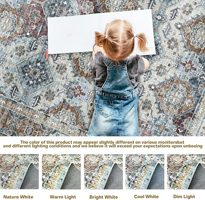 Washable Rugs 4x6 Distressed Vintage Boho Rug, Ultra-Thin Vintage Throw Rugs Washable for Nursewry Room Entryway Office Campe