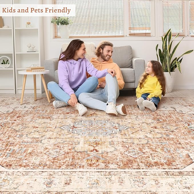 4x6 Area Rug for Living Room, Washable Vintage Indoor, Distressed Brick Red Carpet for Bedroom, Non Slip Dining Room, Soft Low Pile Rugs Foldable for Dorm Bedside Bathroom