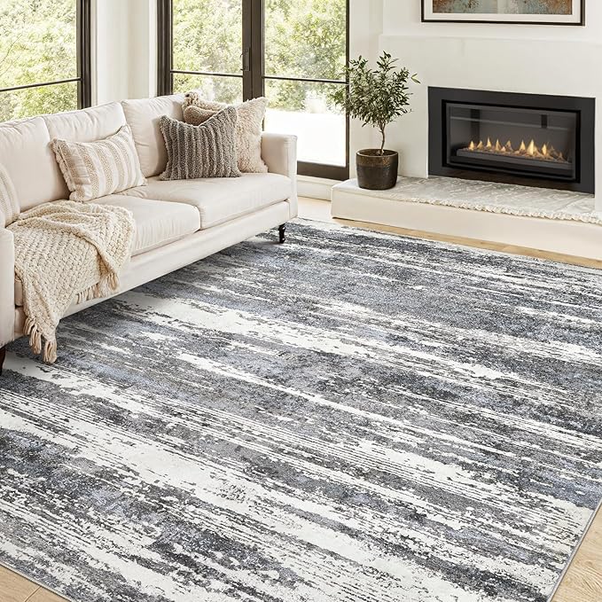 Area Rugs for Living Room: 6x9 Abstract Washable Rug Modern Neutral Large Soft Stain Resistant Non-Slip Backing Machine Table for Bedroom Dining Room Indoor Home Office Carpet - Navy/Grey