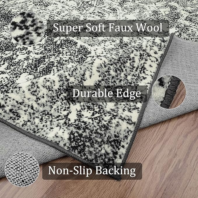 Morebes Vintage Black 5x7 Area Rugs for Living Room, Washable Large Bedroom Rug with Non Slip Rubber Backing, Medallion Distressed Soft Low Pile Carpet for Home Decor (5'x7',Black/White)