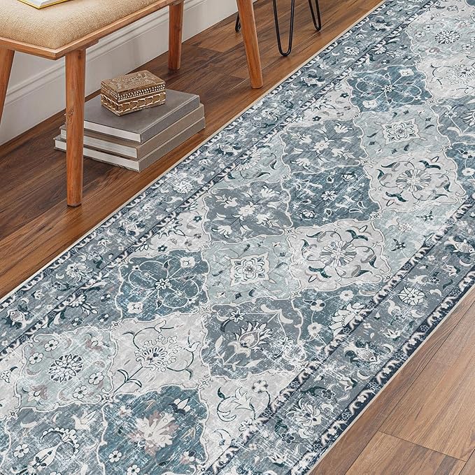 Boho Vintage Area Rugs 2×6 Blue Washable Non-Slip Traditional Rug Runner for Hallway Kitchen Entryway