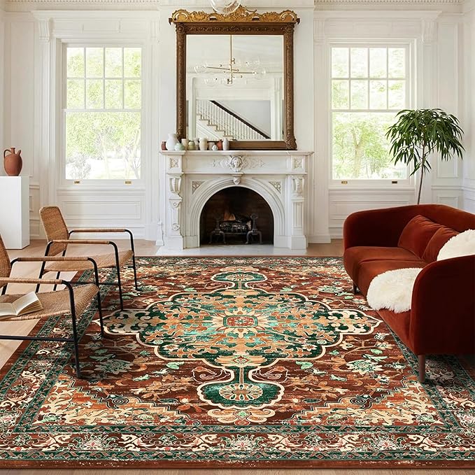 U'Artlines Boho Vintage Area Rug 9x12 ft Machine Washable Low Pile Soft Floor Carpet Non Slip Non Shedding Accent Rug for Living Room Bedroom Entryway Dining Room Office Rust＆Teal