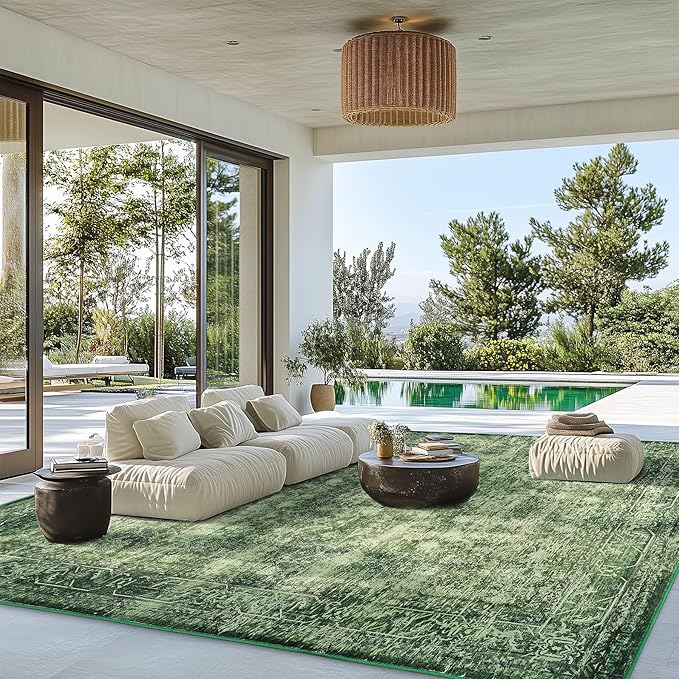 9x12 ft Washable Area Rug, Non-Slip, Green Boho Indoor/Outdoor Rug for Living Room, Patio, and More – Durable, Versatile Area Rugs for Home & Garden