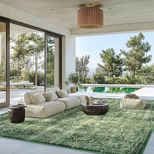 9x12 ft Washable Area Rug, Non-Slip, Green Boho Indoor/Outdoor Rug for Living Room, Patio, and More – Durable, Versatile Area Rugs for Home & Garden