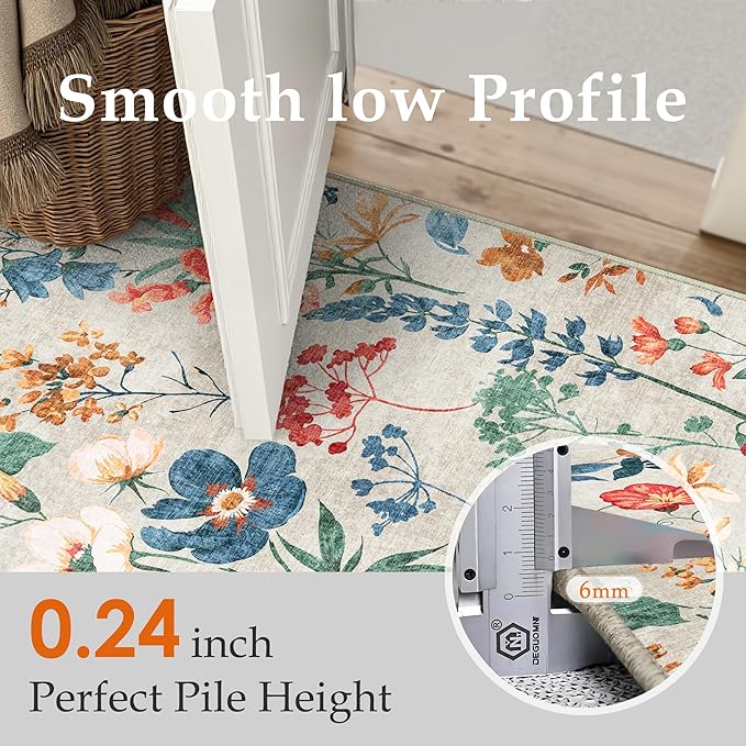 Beige Area Rug 4x6 Office Floral Indoor Door Mat Washable Boho Kitchen Living Room Carpet Non Slip Bedroom Low Pile Lightweight Throw Rug for Dining Room Farmhouse