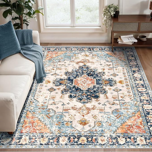 3x5 Rug for Bedroom, Washable Vintage Rugs Indoor, Non Slip Accent Rug, Print Distressed Blue/Beige Carpet, Soft Low Pile for Living Room Dorm Bedroom Bedside Entryway Bathroom