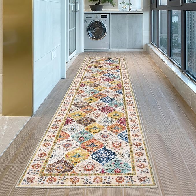 HEBE Hallway Runner Rug 2'x10' Washable Vintage Distressed Area Rugs Non Slip Laundry Rug Runner Boho Floor Carpet Runners for Hallways Entryway Laundry Room Kitchen Bathroom