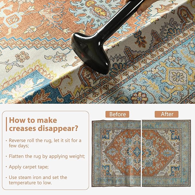 YJ.GWL Large Area Rug for Living Room, 5x7 Machine Washable Boho Rug for Bedroom, Low Pile Lightweight Thin Rugs Floral Vintage Distress Print Pattern Carpet for Dining Room, Brick/Multi
