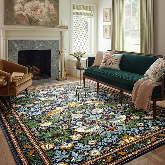 Strawberry Thief Area Rug Dark Green, Ultra Thin 6x9 Washable Carpet, Modern Abstract Indoor Entryway Rug, Boho Vintage Floral Forest Botanical Rug for Bedroom Kitchen Dining Living Room Office