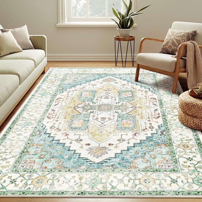 Washable 4x6 Area Rugs, Rugs for Living Room, Low-Pile Water&Stain Resistant Carpet Vintage Distressed Printed Non-Slip Carpet for Bedroom Bathroom Kitchen-Grass Green