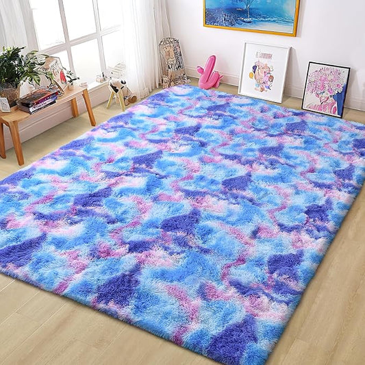 Tepook Soft Rainbow Rug for Girls Room, Cute Fluffy Bedroom Rug, 5x8 Feet Shaggy Princess Colorful Carpet for Kids Teens Toddler Playroom Nursery Reading Nook, Blue