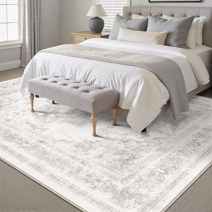 Washable Rug 8x10 Area Rug for Living Room Light Gray Vintage Boho Medallion Large Grey Distressed Retro Carpet Non Slip Indoor Low Pile Small Soft Bedroom Dining Room Home Office