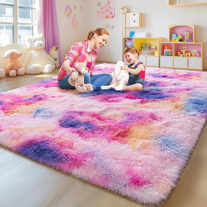 6x9 Fluffy Fuzzy Area Rug for Living Room Bedroom, Ultra Soft Large Living Room Rugs, Non Slip Thick Shag Rug for Dorm, Kids Girls Boys Rug for Home Decor Aesthetic, Dark Rainbow