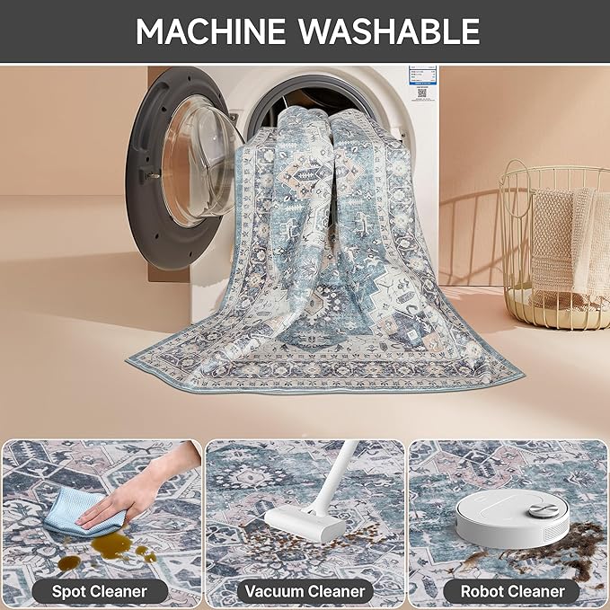 Washable Rug 8x10, Machine Washable Area Rugs with Non Slip Bottom, Vintage Rug for Living Room Bedroom, Traditional Print Floral Carpet Stain Resistant, Green Navy Boho Rug, 8 x 10 Carpet