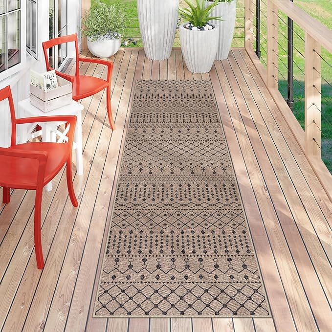 Lahome Washable Easy Jute Rug Runners for Hallways Non Slip, 2'6x8 Neutral Rugs for Kitchen Floor, Farmhouse Tribal Low Pile Indoor Outdoor Throw Carpet Runner for Entryway Stairway Porch Bathroom