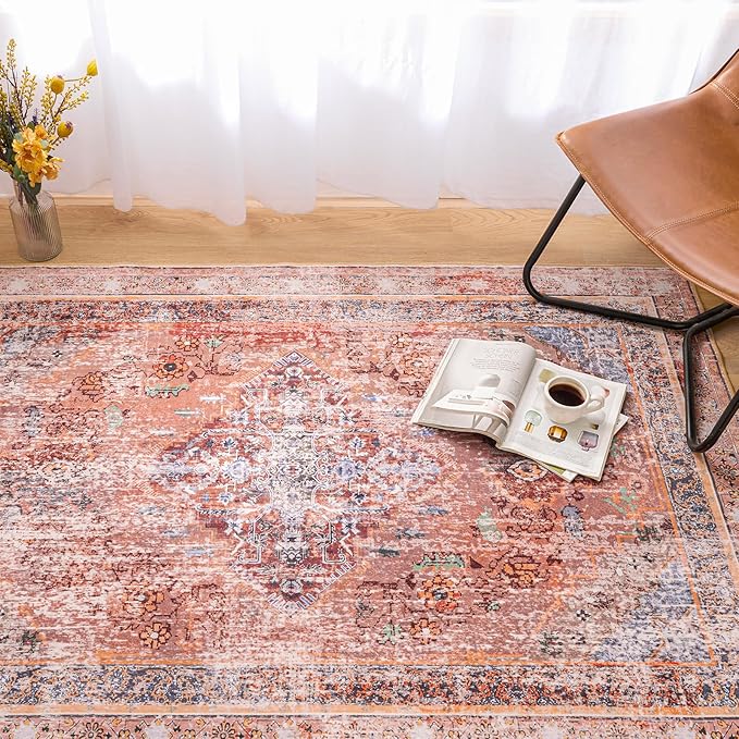 Phantoscope Vintage Collection Area Rug 5'x7' for Living Room - Washable Rug Large Boho Carpet Non-Slip for Bedroom Dining Room, Indoor Low-Pile Neutral Distressed Accent Rug, Rust/Multi