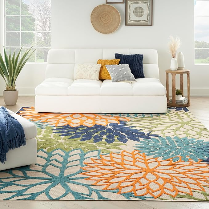 Nourison Aloha Indoor/Outdoor Multicolor 12' x 15' Area Rug, Tropical, Botanical, Easy Cleaning, Non Shedding, Bed Room, Living Room, Dining Room, Deck, Backyard, Patio (12x15)