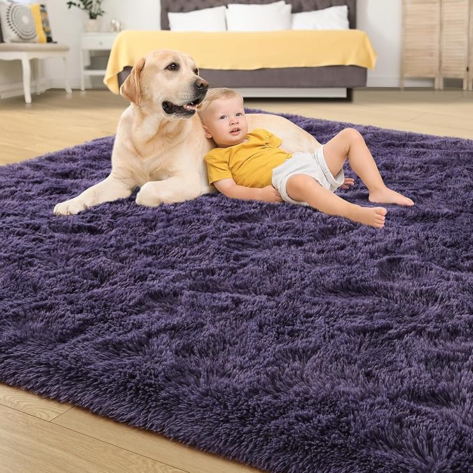Tepook Super Soft Fluffy Rug for Bedroom, Modern Shaggy Rug Fuzzy Kids Rug for Living Room, Plush Indoor Nursery Home Decor Rug with Non-Slip Bottom, Gray Purple, 5 X 8 Feet