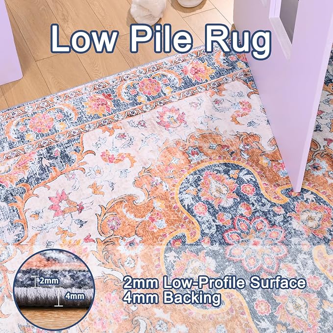 4x6 Area Rugs for Living Room, Foldable Machine Washable Rug, Soft Low Pile Non-Slip Vintage Floral Rug, Carpet for Bedroom, Dining Room, Bedside, Farmhouse, Office, Dorm (Blue, 4'×6')