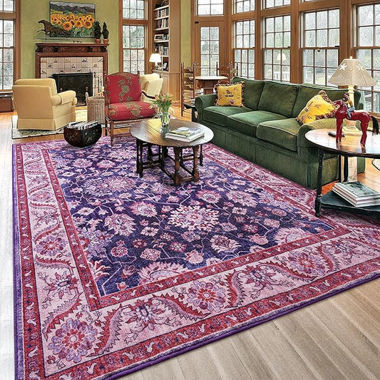 Area Rugs for Living Room, 6x9 Washable Area Rug for Bedroom, Retro Floral Non-Slip Carpet for Nursery Home Office Dining Room Kitchen, Blue and Purple