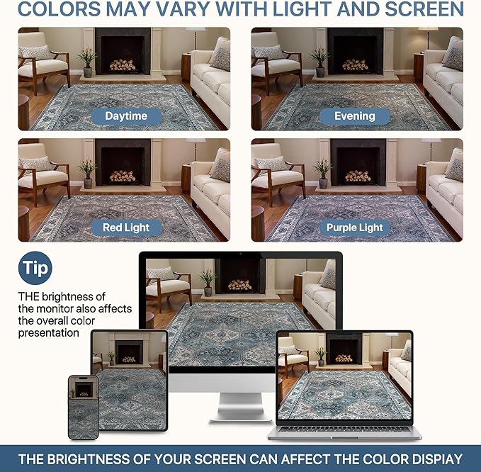 Bavni 3x5 Area Rugs for Living Room, Machine Washable Rug Non Slip, Vintage Chenille Distressed Print Carpet, Large Low Pile Ultra-Thin Lightweight Rugs for Bedroom, Dining Room, Home, Office, Blue
