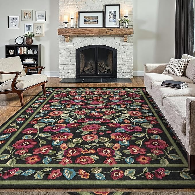 Black Area Rug 8x10 Washable Living Room Non Slip Bedroom Soft Floral Indoor Carpet Vintage Low Pile Accent Throw Rug for Office Dining Room Nursery Farmhouse