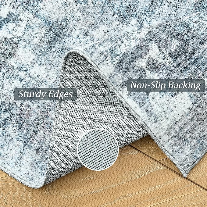 10x14 Area Rugs for Living Room, Non Slip Machine Washable Vintage Rugs, Low Pile Lightweight Large Rug for Bedroom, Dining Room, Home Office Blue