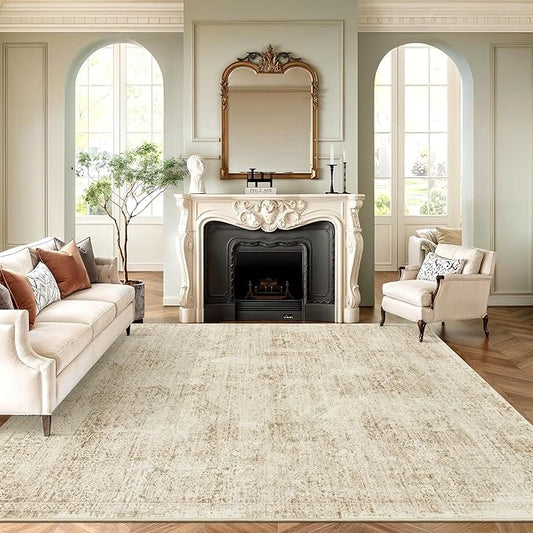 Washable Area Rug 8x10, Large Soft Rugs for Living Room Vintage 8x10 Area Rugs for Bedroom Dining Room Floral Non-Slip Thin Brown Rug