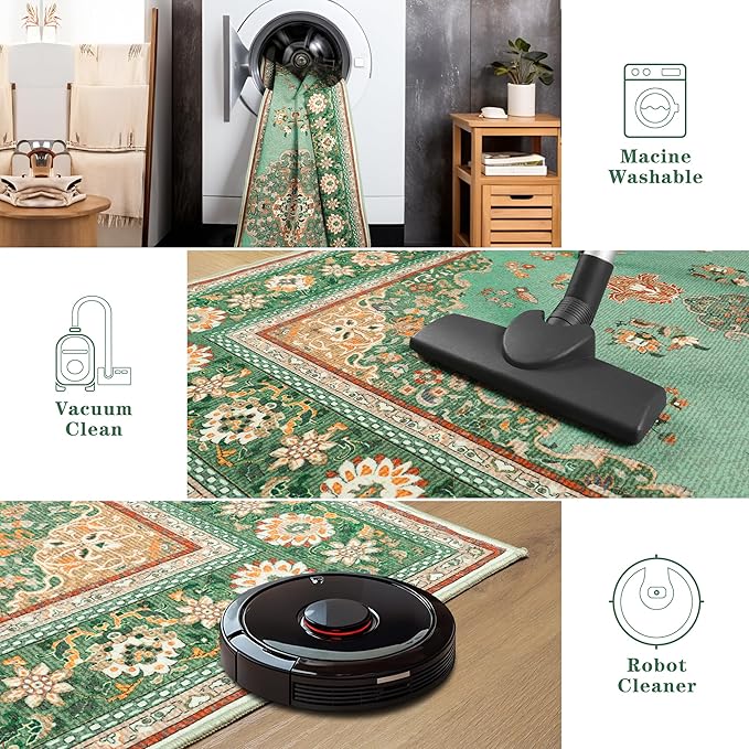 Tepook 2x6 Vintage Runner Rug - Low Pile Washable Non-Slip Carpet for Hallway, Kitchen, Bedroom, Entryway, Laundry Room, Bathroom - Indoor Throw Rug in Green
