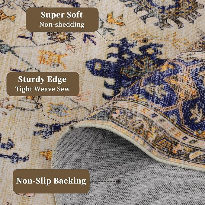 8x10 Rug, Washable Neutral Boho Modern Vintage Non Slip Floral Area Rugs, Low Pile Soft Rugs, Area Rugs, Slip Resistance Carpet, Pet-Friendly Carpet, Durable Rug for Living Room, Bedroom