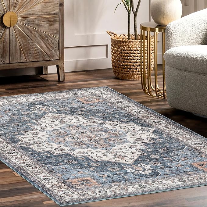 Vintage Area Rug, 4x6 Washable Rugs for Living Room Bedroom Entryway Indoor Door mat, Distressed Boho Country Accent, Thin Low-Pile Floor Carpet for Kids Pet (Navy/Brown)