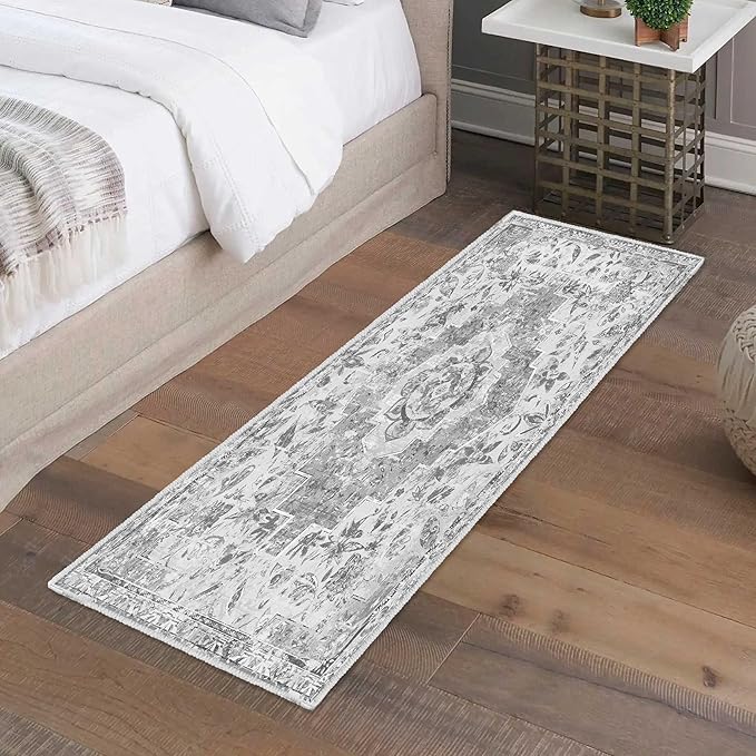 Vintage Runner Rug 2x6 Non-Slip Boho Distressed Runner Rugs Carpet Washable Traditional Mat for Kitchen Hallways, Grey