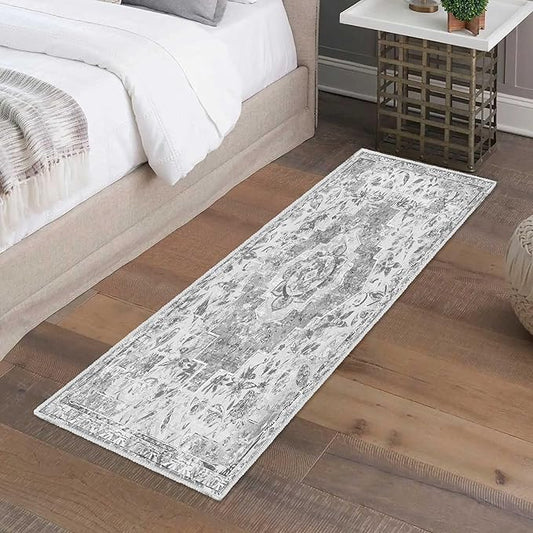 Vintage Runner Rug 2x6 Non-Slip Boho Distressed Runner Rugs Carpet Washable Traditional Mat for Kitchen Hallways, Grey