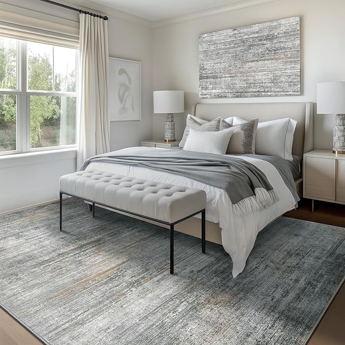 Bavni 5x7 Rug, Abstrcat Machine Washable Rug Non-Slip, Soft Mordern Lightweight Area Rug, Stain Resistant Rugs for Living Room, Bedroom, Dining Room, Granite Gray