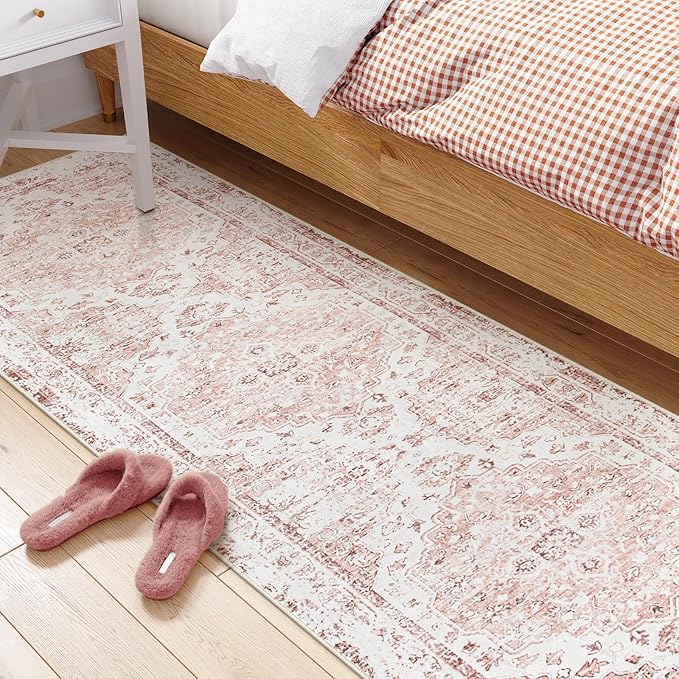 Morebes Vintage Pink Rugs for Bedroom Girls, 2x8 Washable Runner Rug for Hallways Non Slip, Boho Soft Low Pile Indoor Floor Carpet Runner for Living Room Kids Playroom Nursery